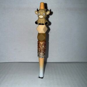 Handmade Beaded Pen- 3D Tan Cow with silicone beads and rhinestone base